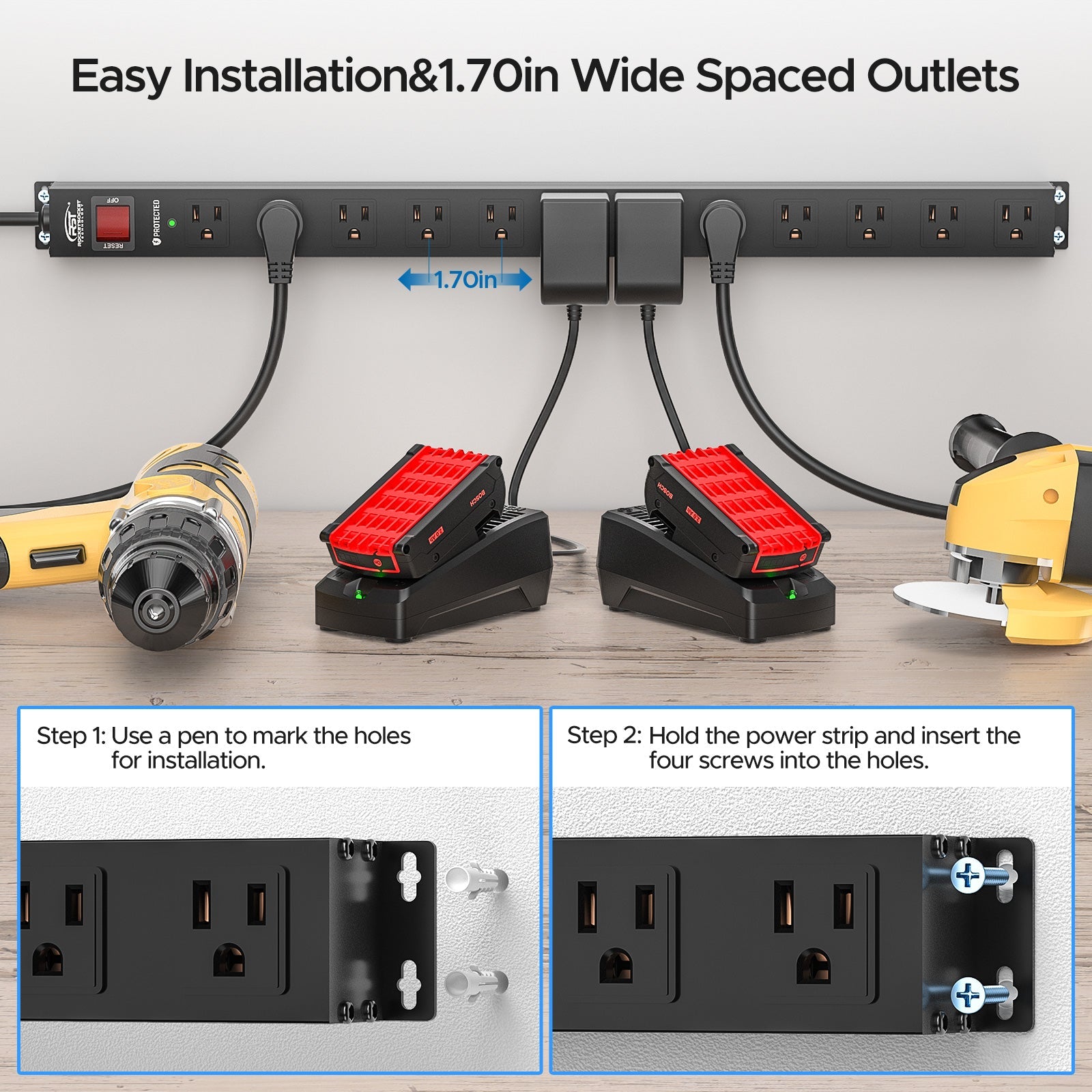 CRST 12-Outlet Metal Surge Protector Power Strip, 2100 Joules,  Heavy Duty 6FT/15FT Extension Cord, Wide Spaced Outlets for Large Adapters, Mountable Design for Workshop Garage