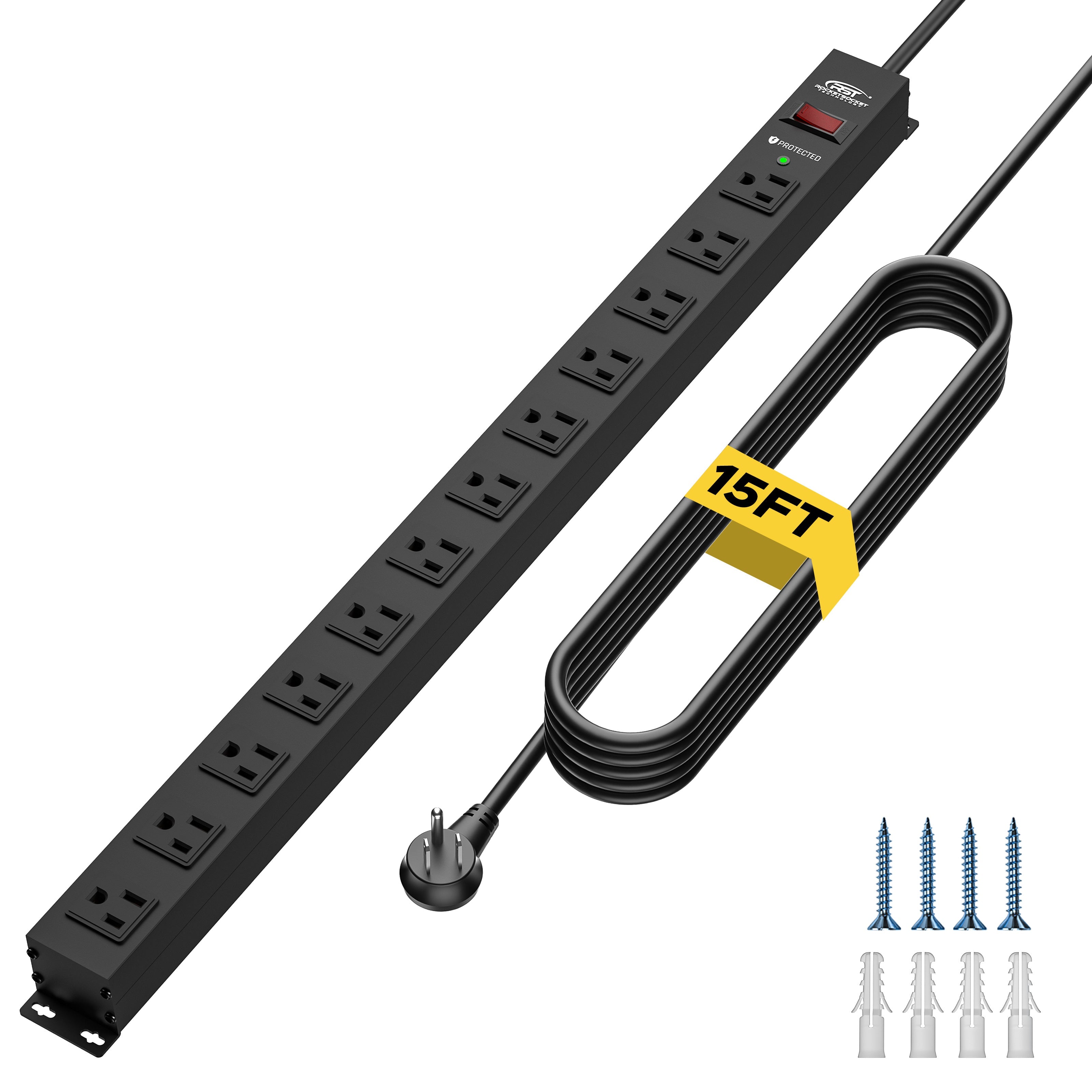 CRST 12-Outlet Metal Surge Protector Power Strip, 2100 Joules,  Heavy Duty 6FT/15FT Extension Cord, Wide Spaced Outlets for Large Adapters, Mountable Design for Workshop Garage