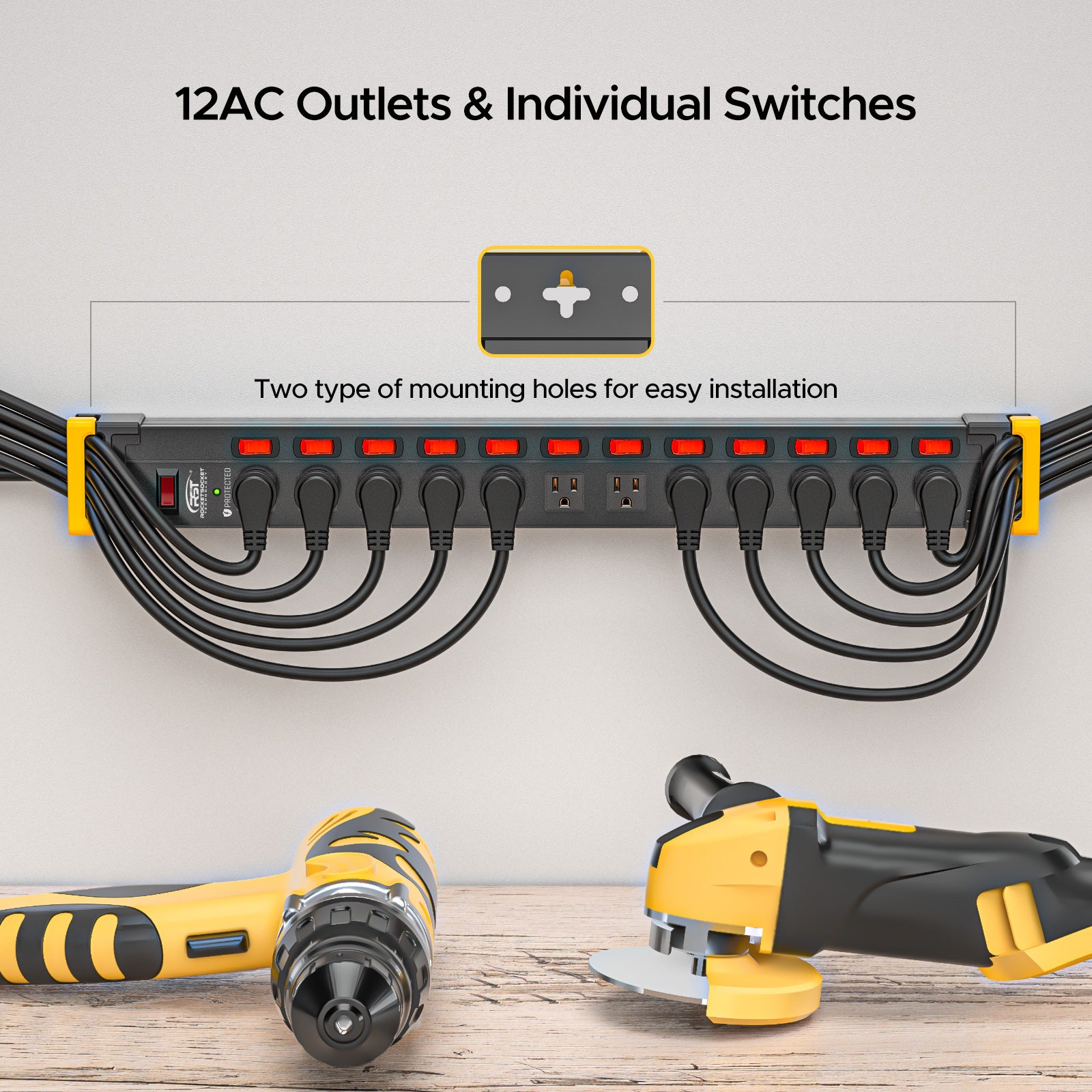 CRST 12-Outlet Heavy Duty Power Strip with Individual Switches – 1020J Surge Protector, 9FT Cord, Wall Mountable
