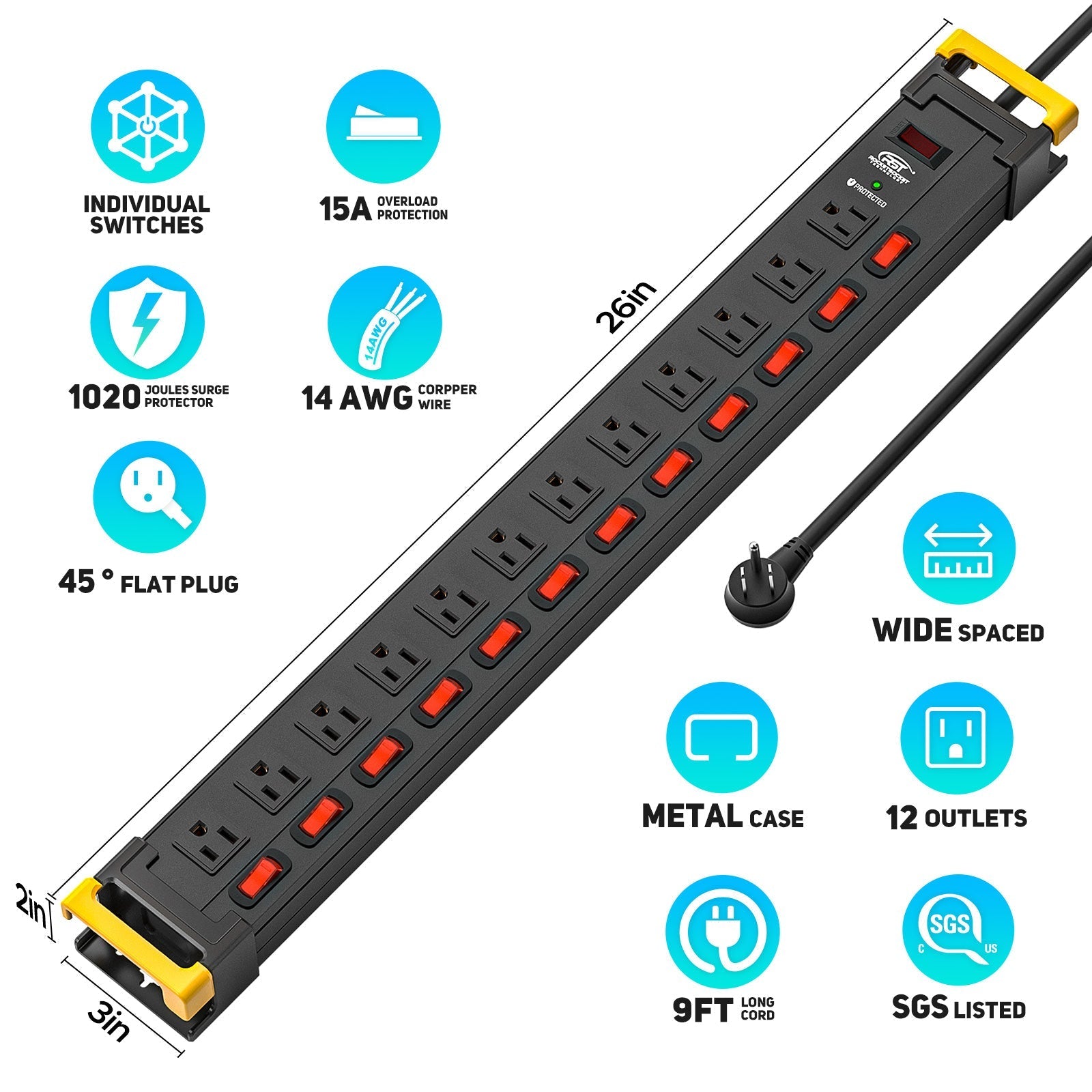 CRST 12-Outlet Heavy Duty Power Strip with Individual Switches – 1020J Surge Protector, 9FT Cord, Wall Mountable