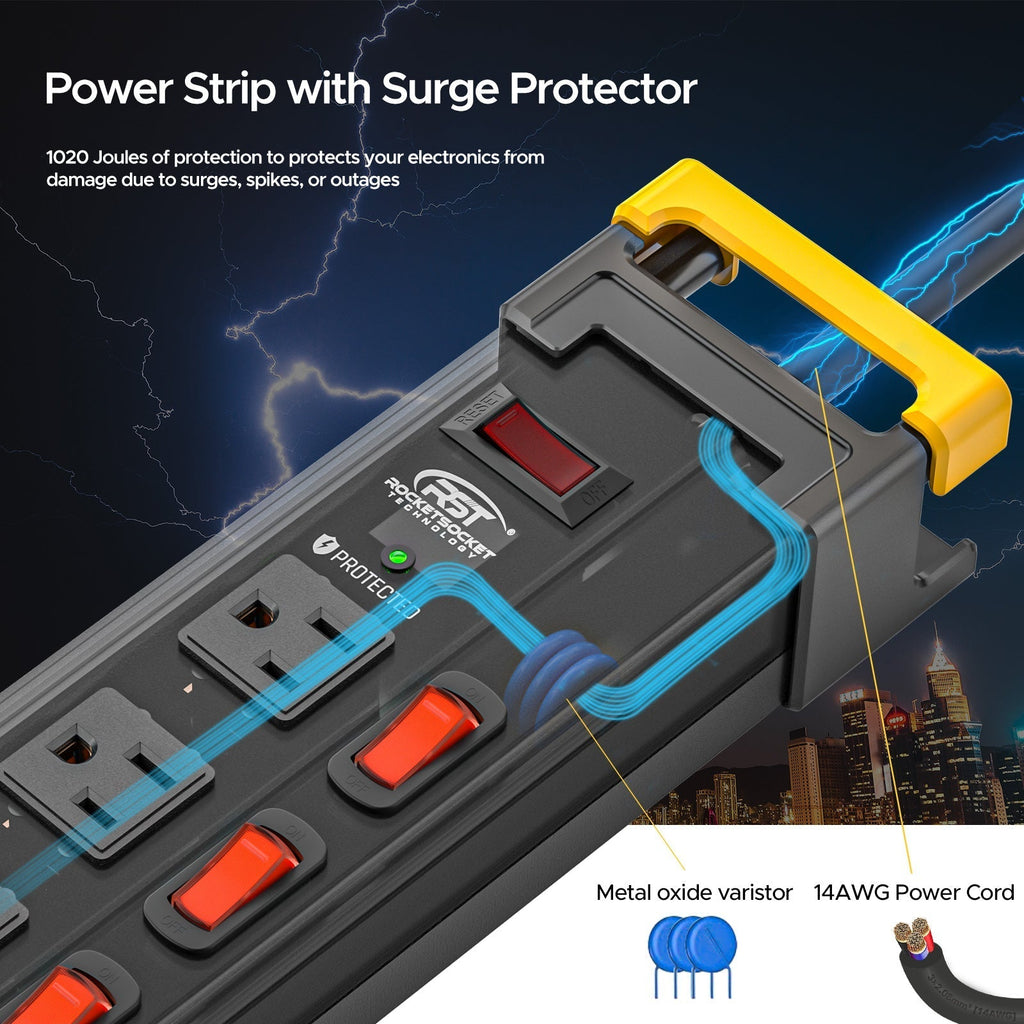 CRST 12-Outlet Heavy Duty Power Strip with Individual Switches – 1020J Surge Protector, 9FT Cord, Wall Mountable