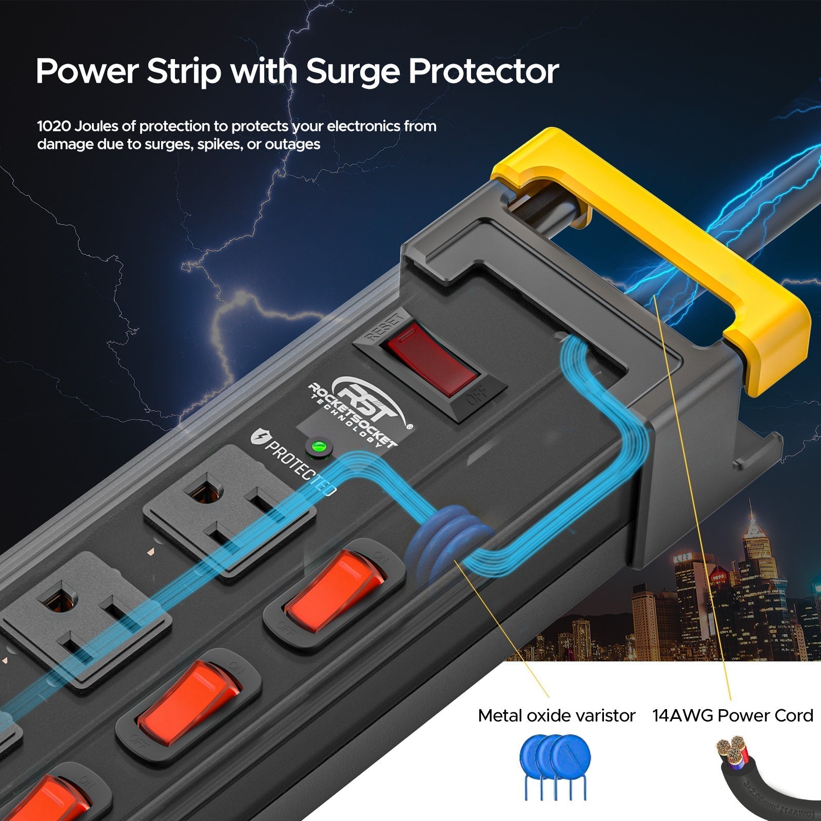 CRST 12-Outlet Heavy Duty Power Strip with Individual Switches – 1020J Surge Protector, 9FT Cord, Wall Mountable