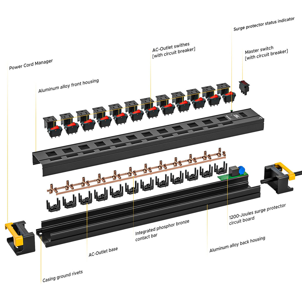 CRST 12-Outlet Heavy Duty Power Strip with Individual Switches – 1020J Surge Protector, 9FT Cord, Wall Mountable